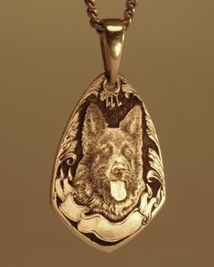German Sheperd pendant, Hand Engraved , Spark Custom Goldsmithing and fine Jewellery Saskatoon