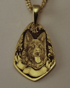 Hand engraved German Shepherd gold pendant