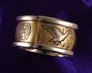 Hand engraved mens band, gold inlay, hunting