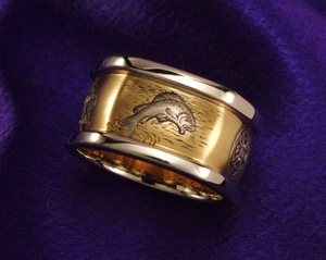 Hand engraved gold inlayed band, Fishing